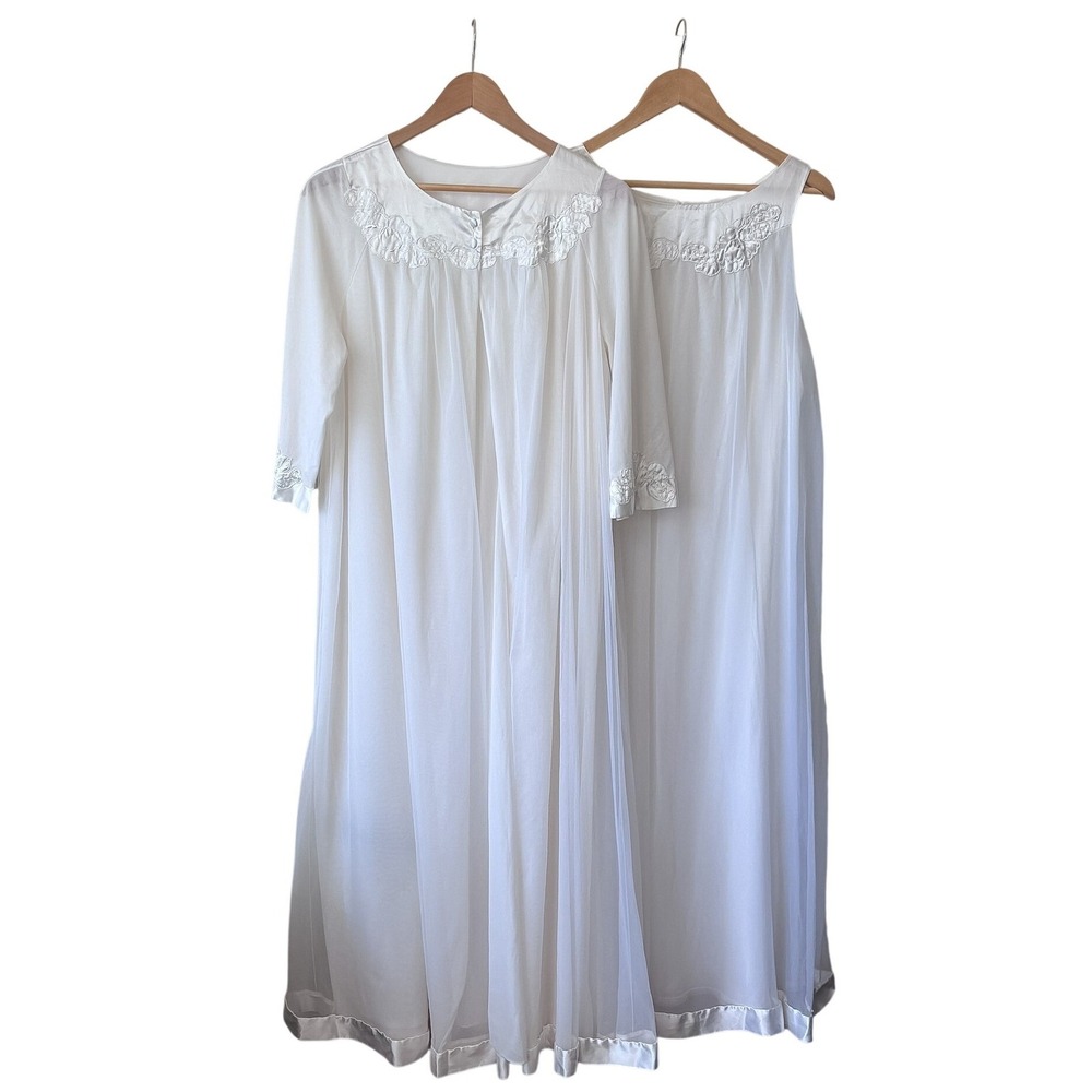 Gossard Artemis Vintage Bridal Peignoir Nightgown Robe Set Large White Chiffon